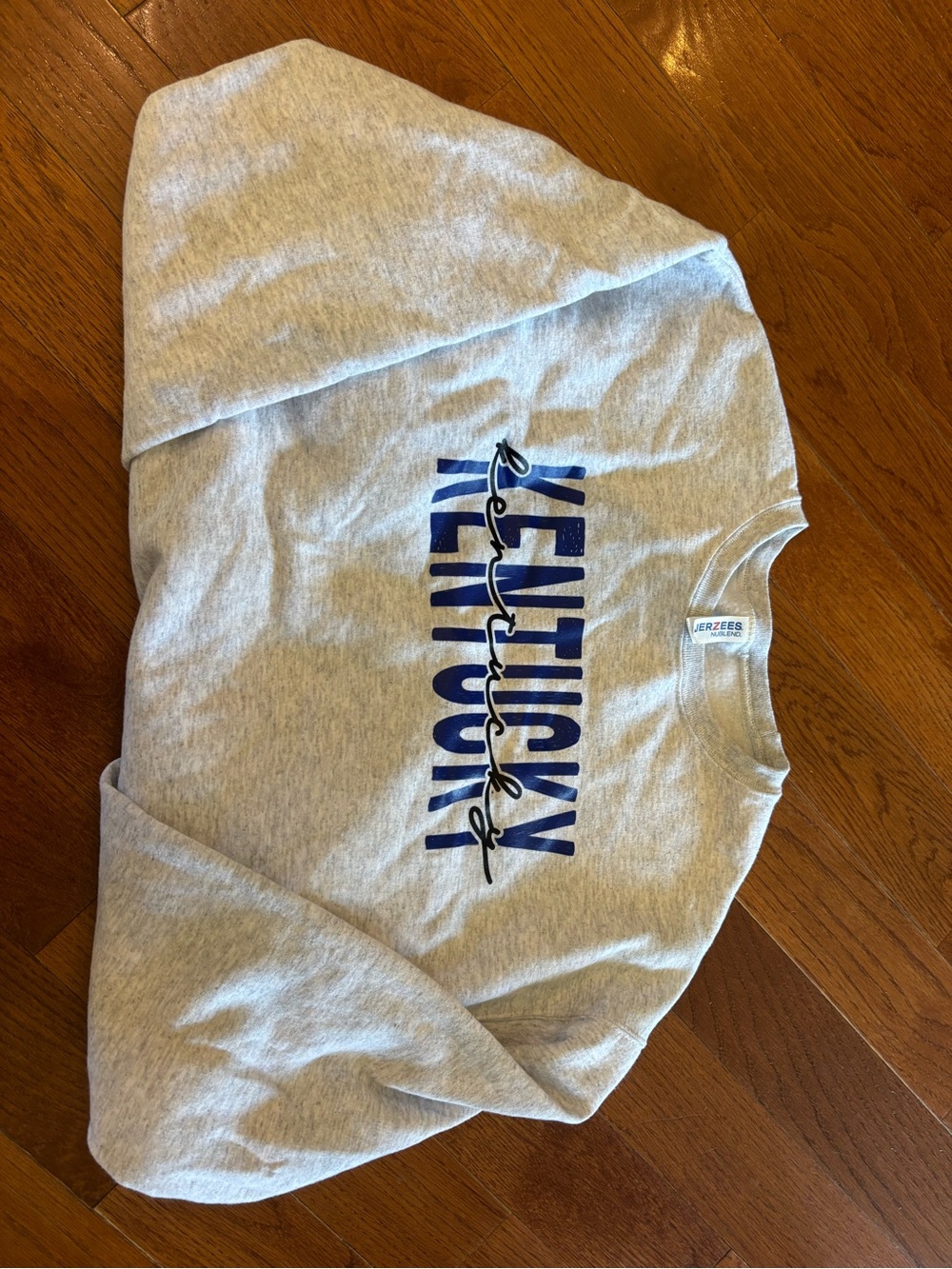 Jerzees Light Gray Sweatshirt with Blue and Red Logo Tag